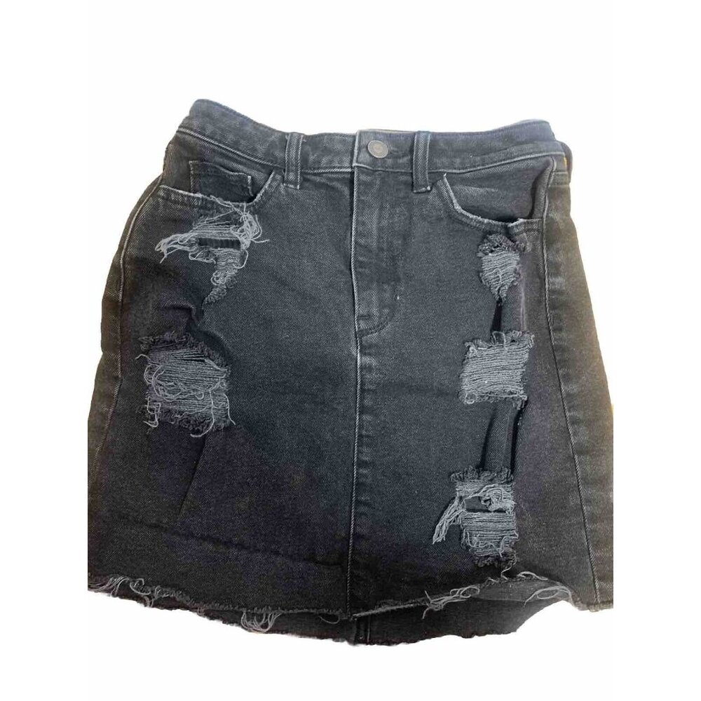 Hollister High Rise Mini Skirt Black Distressed Denim Pockets Frayed Size 25 1